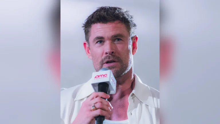 Chris Hemsworth speaking at a Q&A for Crime 101 in Los Angeles