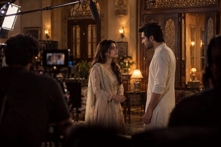 Actors rehearse a tense scene on a TV drama set inside a haveli
