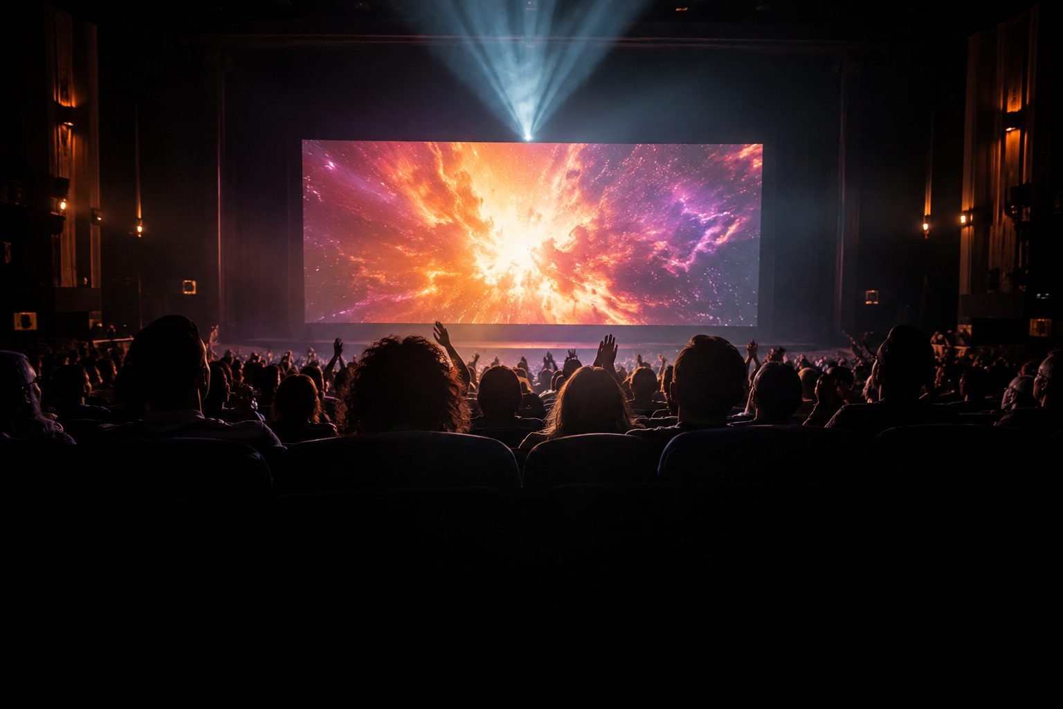 Cinema audience watching a bright trailer on the big screen