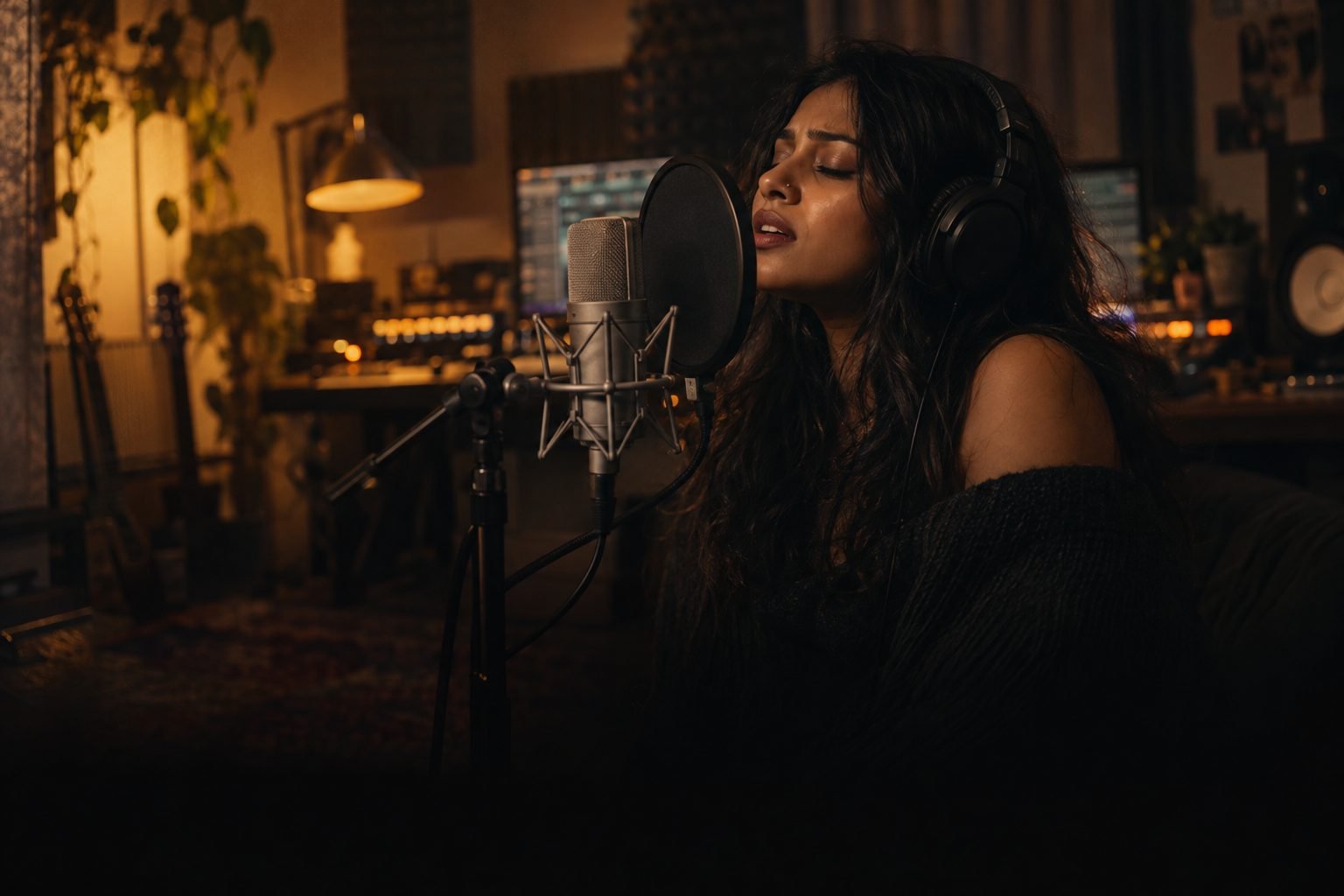 Singer recording vocals in a home studio at night