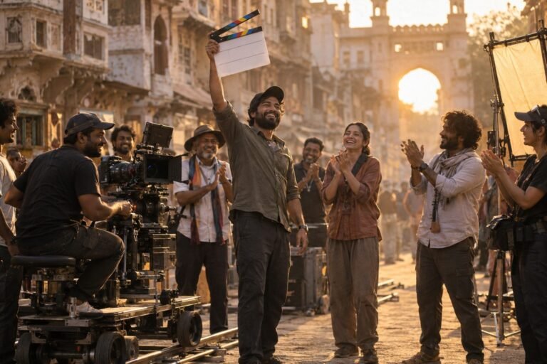Film crew celebrates the last day of a shoot on a city street