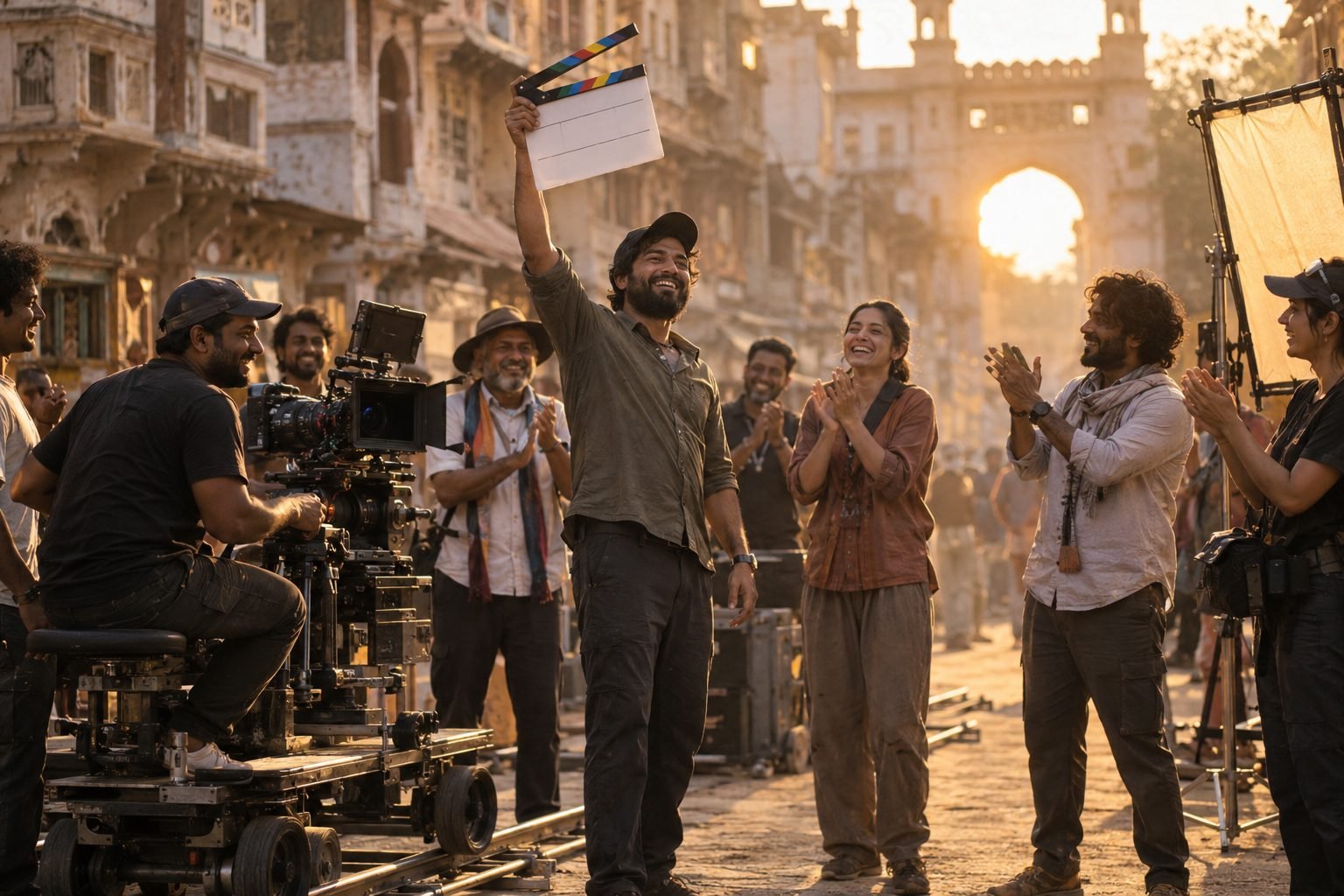Film crew celebrates the last day of a shoot on a city street