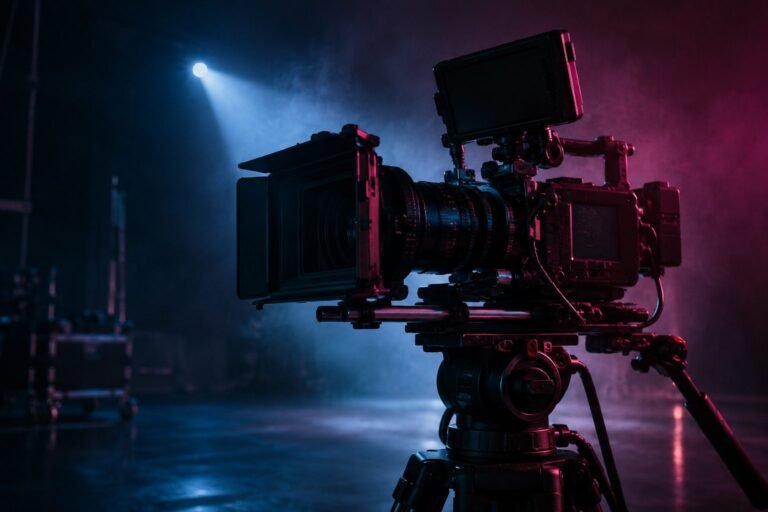 Cinema camera on a dark sound stage under blue and magenta light