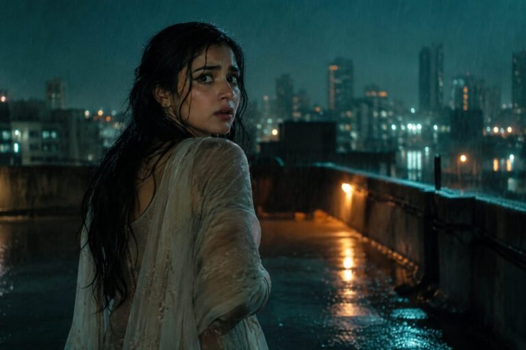 Woman on a rain-soaked rooftop at night in a dramatic TV scene