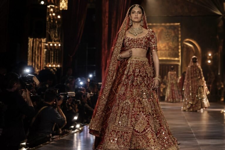Model in a red and gold bridal lehenga on a fashion week runway