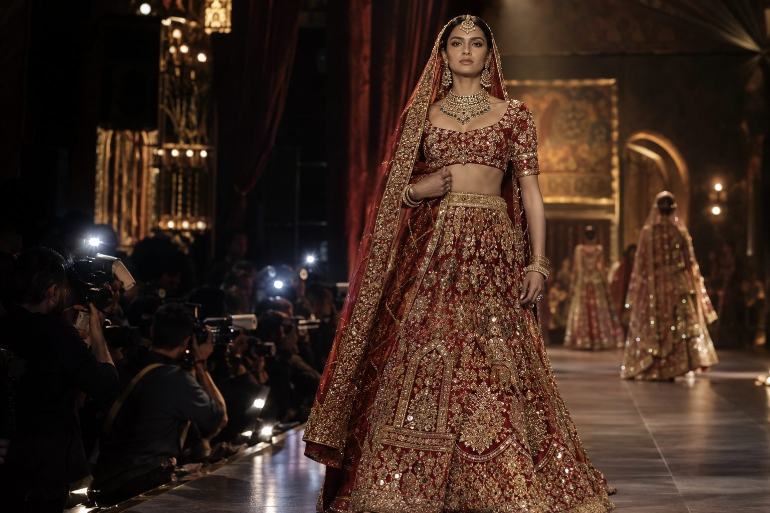 Model in a red and gold bridal lehenga on a fashion week runway