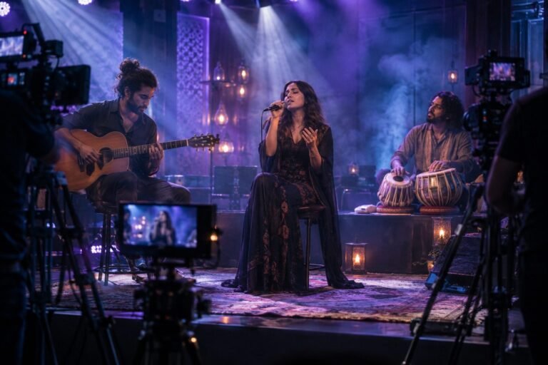 Singer, guitarist and tabla player perform in a live studio session