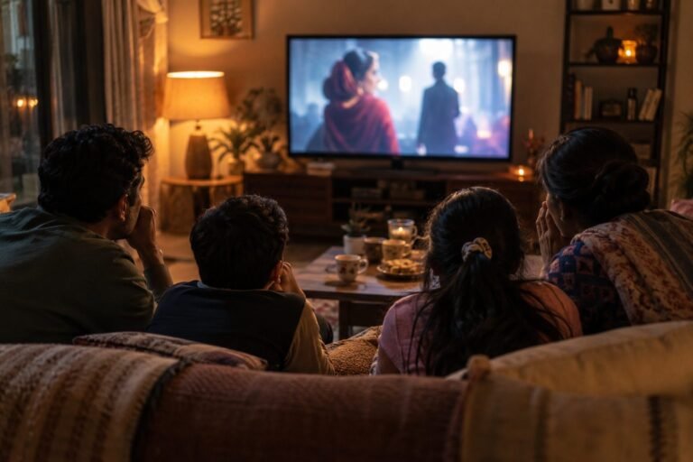 Family watching a TV drama together in their living room at night