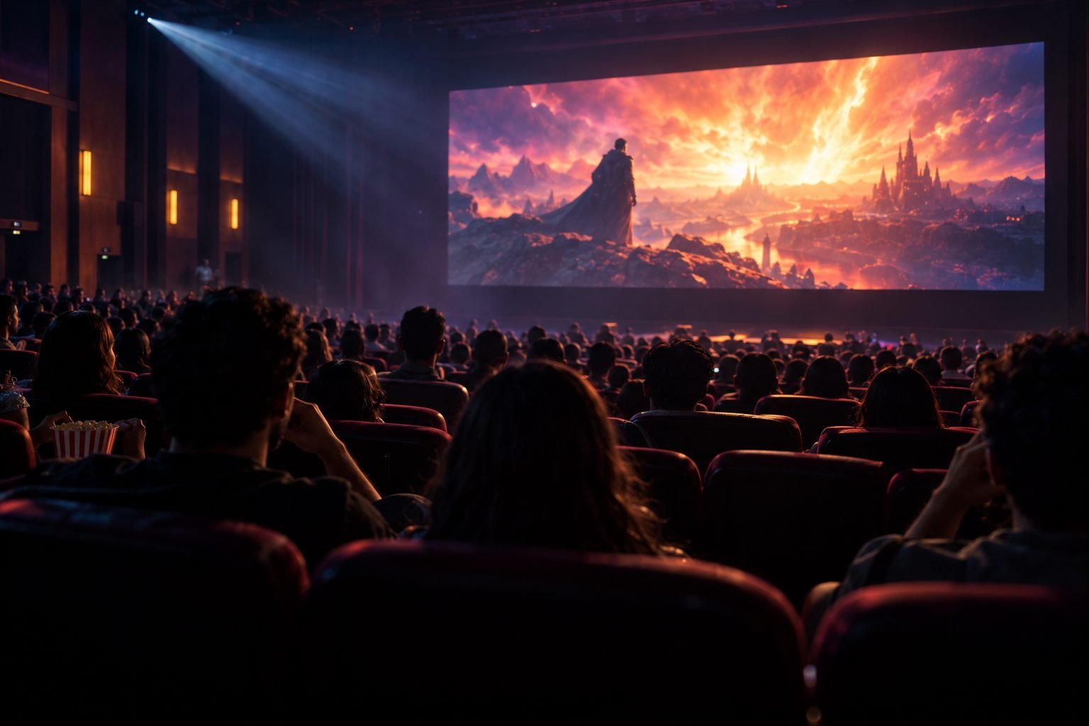 Audience in a packed cinema watching a fantasy film